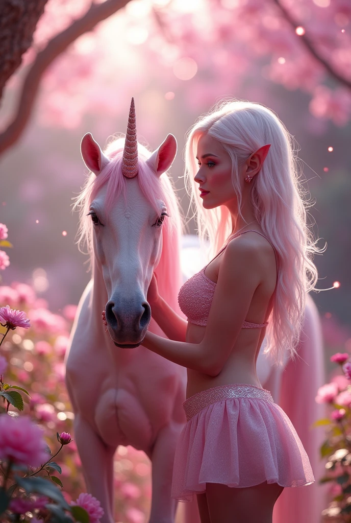 Hyperrealism cinematic film still, 8K, highly detailed and realistic. In an enchanting, pink-toned magical garden, a breathtakingly beautiful albino woman with striking blue eyes and delicate freckles on her face stands next to a majestic pink unicorn. The air shimmers with glitter and gossamer threads, while soft fairy lights cast a gentle glow. The scene is adorned with an abundance of glitter and sparkles, creating a surreal and captivating ambiance. Everything feels otherworldly, magical, and dreamlike, elf ears, cleavage, thigh, short skirt, sexy