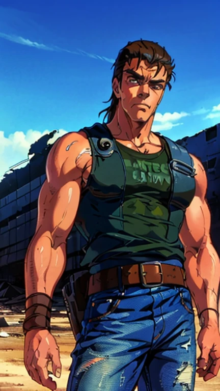 (s:1male: Jean Claude Van Damme), (extremely detailed CG unit 8k wallpaper),(master part), (best quality), (ultra detail), (best illustration),(post-apocalypic_fashion), cowboy shot, (Sharp eyeliner, ombre, detailed eyes:1), post- apocalypic abandoned building background, ,break , (HNKstyle), upper body,
