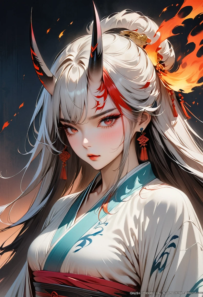 (Masterpiece, Top quality, Best quality, Official art, Beautiful and aesthetic:1.2), Ink painting, (((Hair color is white))), (((Wearing Anbu mask)))A tempting devil,1 girl, wearing a kimono, (2 small oni horns:1.6), fire around her, Glowing body, Colorful, Top detailed, Cold light, Tattoo