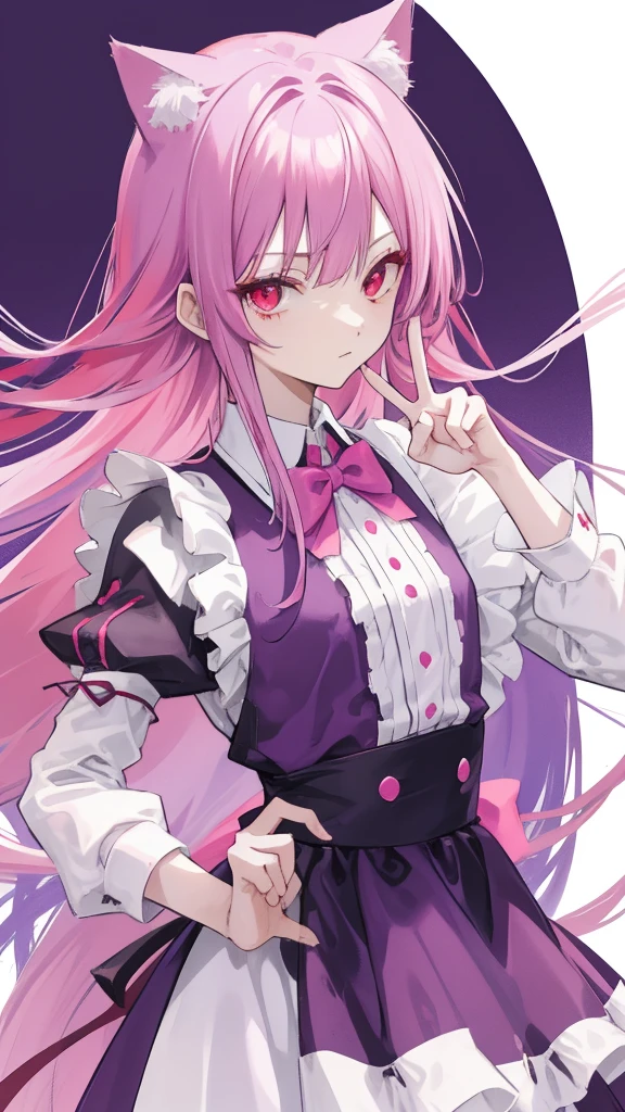 Maid clothes,Red eyes,Long Hair,Straight Hair,Purple and pink hair color,girl,He is making a peace sign with his left hand and looking at me.,Smooth hair,Cat ear,Shooting from below at an angle
