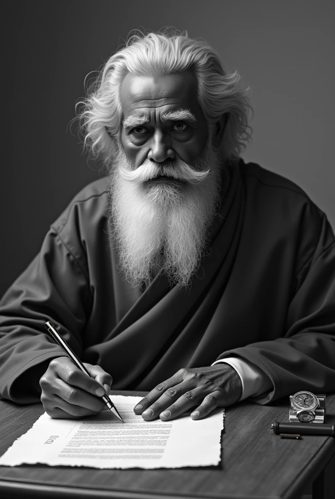 Create an image of ravindra nath tagor with writing national anthem in black and white tone 