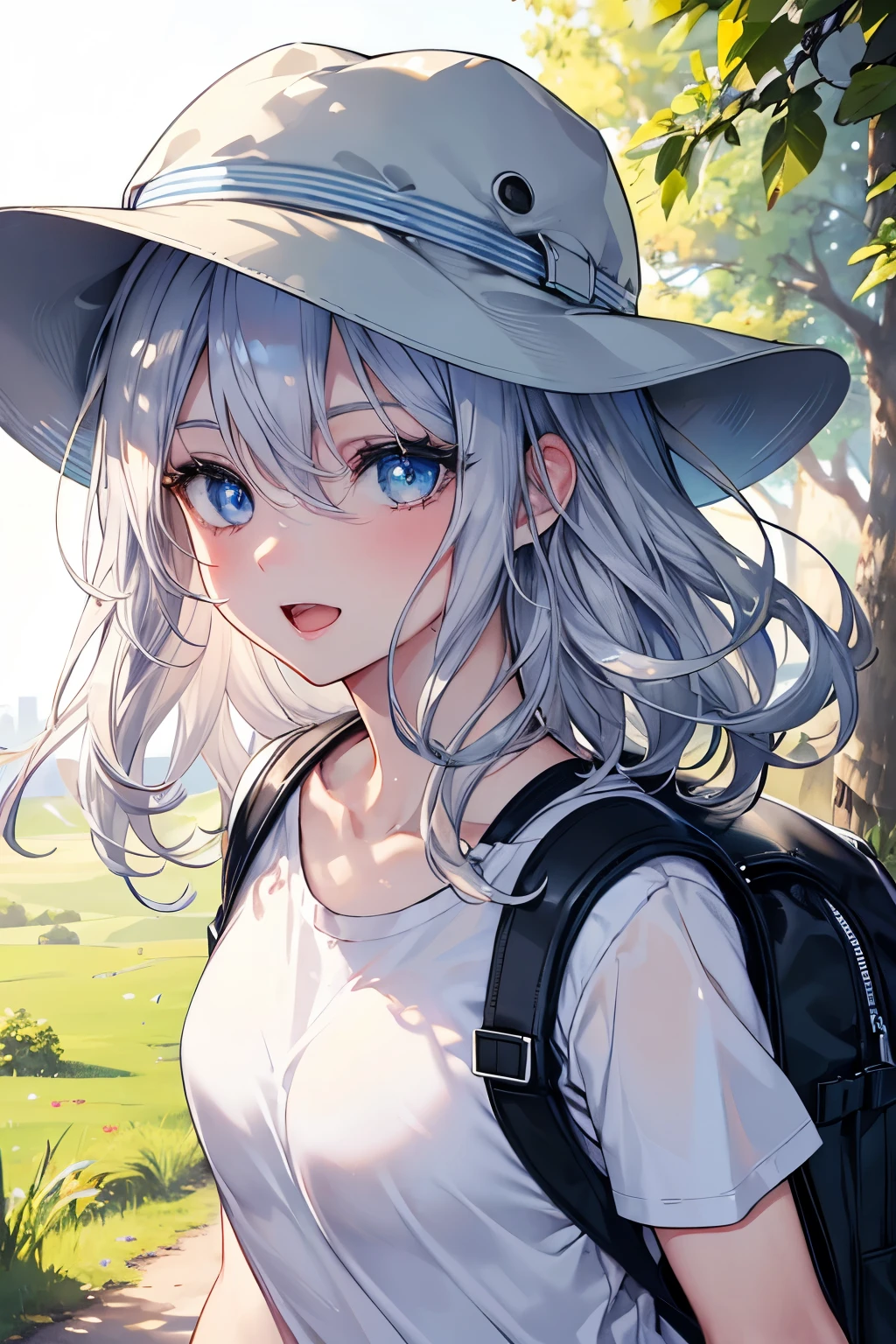 (Best quality,4K,8K,High resolution,Masterpiece:1.2),Super detailed,(Actual, Realistic),highly detailed, top quality, soft skin,Portrait,
break,
((Beautiful clear blue eyes:1.2)),very kind eyes,eyes wide open,beautiful eyelashes,beautiful lower eyelashes,slender body,
break,
((Beautiful and shiny silver hair:1.3)),A dazzling smile, a bursting smile, an open mouth laugh,
break,
very happily,Backpack,T-shirt,jogger pants,safari hat,hiking,zoom in