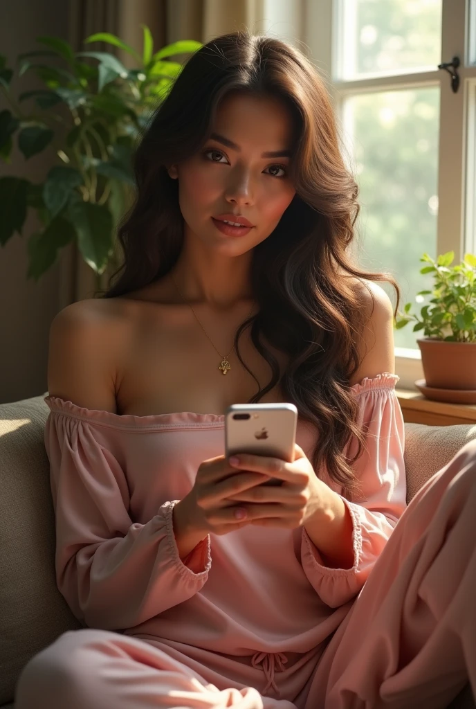 (photorealism:1.2), beautiful asia woman, sitting hold one hand and show screen mobile phone, wearing loose off-shoulder top, pajama pants, long curly hair, indoors, soft lighting, plants in background, window with sunlight, cozy room, relaxed pose, realistic, intricate details, warm colors, by Greg Rutkowski, by Alphonse Mucha