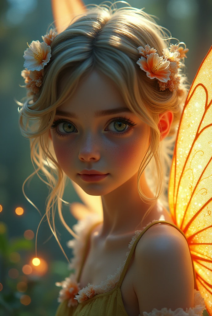 a beautiful fairy girl, delicate facial features, long eyelashes, porcelain skin, detailed intricate wings, whimsical expression, colorful fantasy forest background, magical glowing lights, warm soft lighting, vibrant colors, ethereal atmospheric, highly detailed, 8k, photorealistic, masterpiece