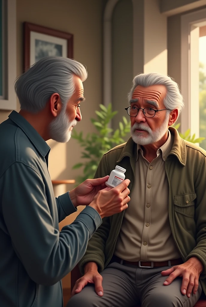 Uncle: A picture of someone who looks like your uncle, is walking towards your grandfather while holding a bottle or tube of medicine.