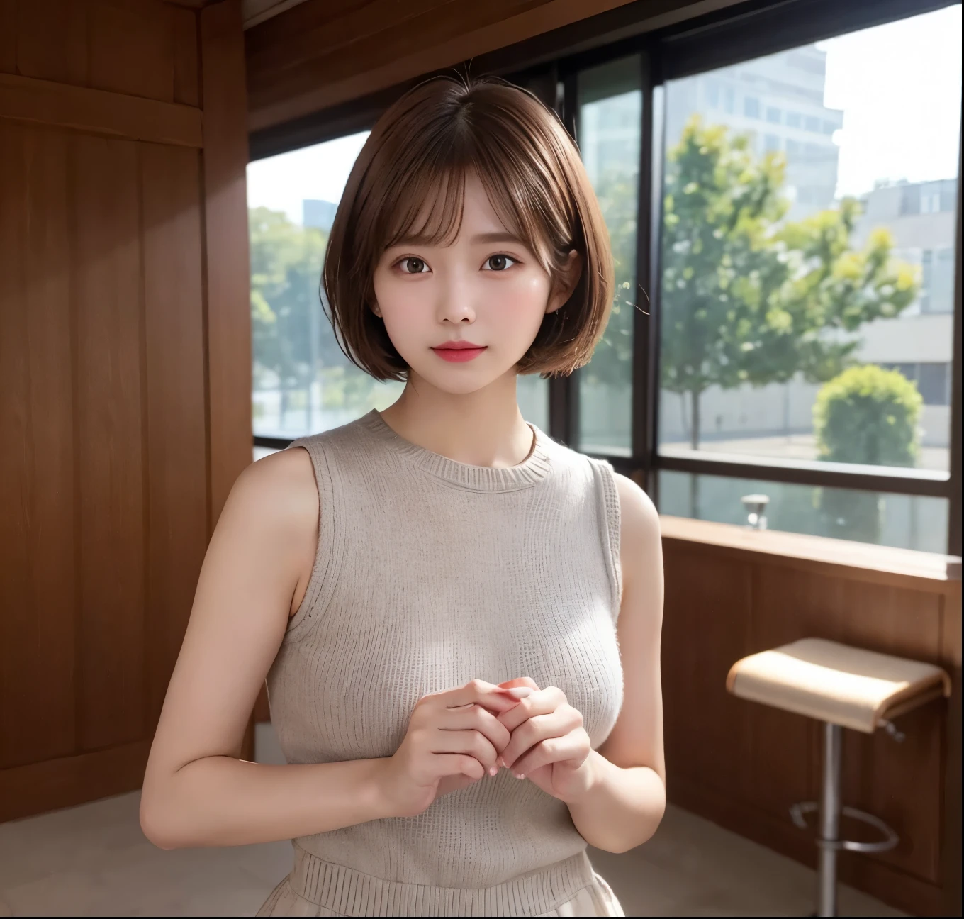 1 girl, masterpiece, Very detailed, (Beautiful and delicate shine), Lens flare, Brown Hair, short hair, Tears, whole body,Standing posture, Wide Shot,Looking at the audience,Grey knit,Selfie,Blindfolded with hands,room