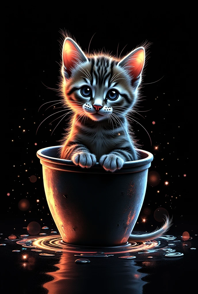 A digital artwork of a stylized kitten with bright highlights, surrounded by swirling metallic and glossy abstract designs on a black background.
The image shows a pot with a cute kitten in it in the foreground, we can see his head and front paws sticking out from the pot, all is embellished with Iridescent oil brush strokes on a black canvas, zen-inspired lines, abstract art, dramatic composition, iridescent color palette, sheen effect, minimalist brushstrokes, sleek and elegant, high contrast, black and iridescent hues, sophisticated and modern, detailed brushwork, glossy finish, reflective surfaces, captivating lighting, glossy reflections, deep shadows, artistry in simplicity.
