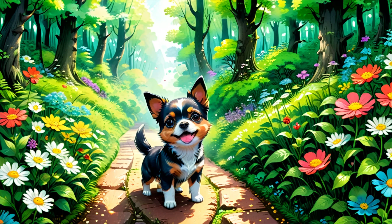 (Highest quality, Super detailed, Realistic: 1.37), Humorous, Manga style, Bold line, Illustrations for children's picture books, Bright colors, A forest path where flowers bloom in abundance、A child whose face is not visible、A cute small dog playing
