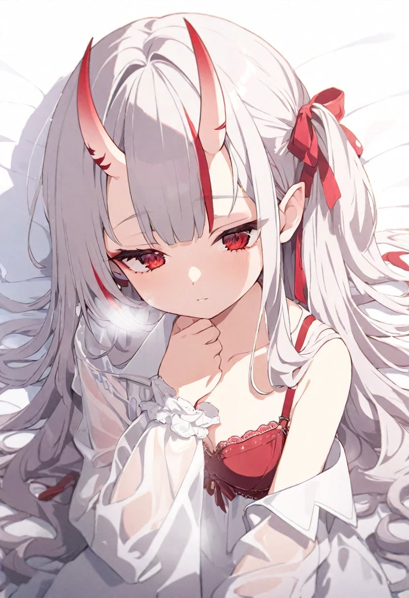 (muste piece), (best quality), (score_9, score_8_up, score_7_up), very detailed eyes, expressive eyes, perfect face, very detailed face, highly detailed face, beautiful girl, 8K, beautiful girl, (white background), delicate and beautiful face and eyes, dark intense shadow, Ultra-high resolution, Movie Lighting, (Fuji Color: 1.2) portrait, 1 girl, vtuber style, cool girl, hololive, vtuber, 1girl, Nakiri Ayame, multicolored hair, grey hair, long hair, oni horns, red eyes, messy hair, see-through:dress pajamas, red bra, small breast, soft breast, cleavage, clavicle, half-closed eyes, sleeping, breathing, (upper body), sleeping face, lying on bed, one arm on forehead,