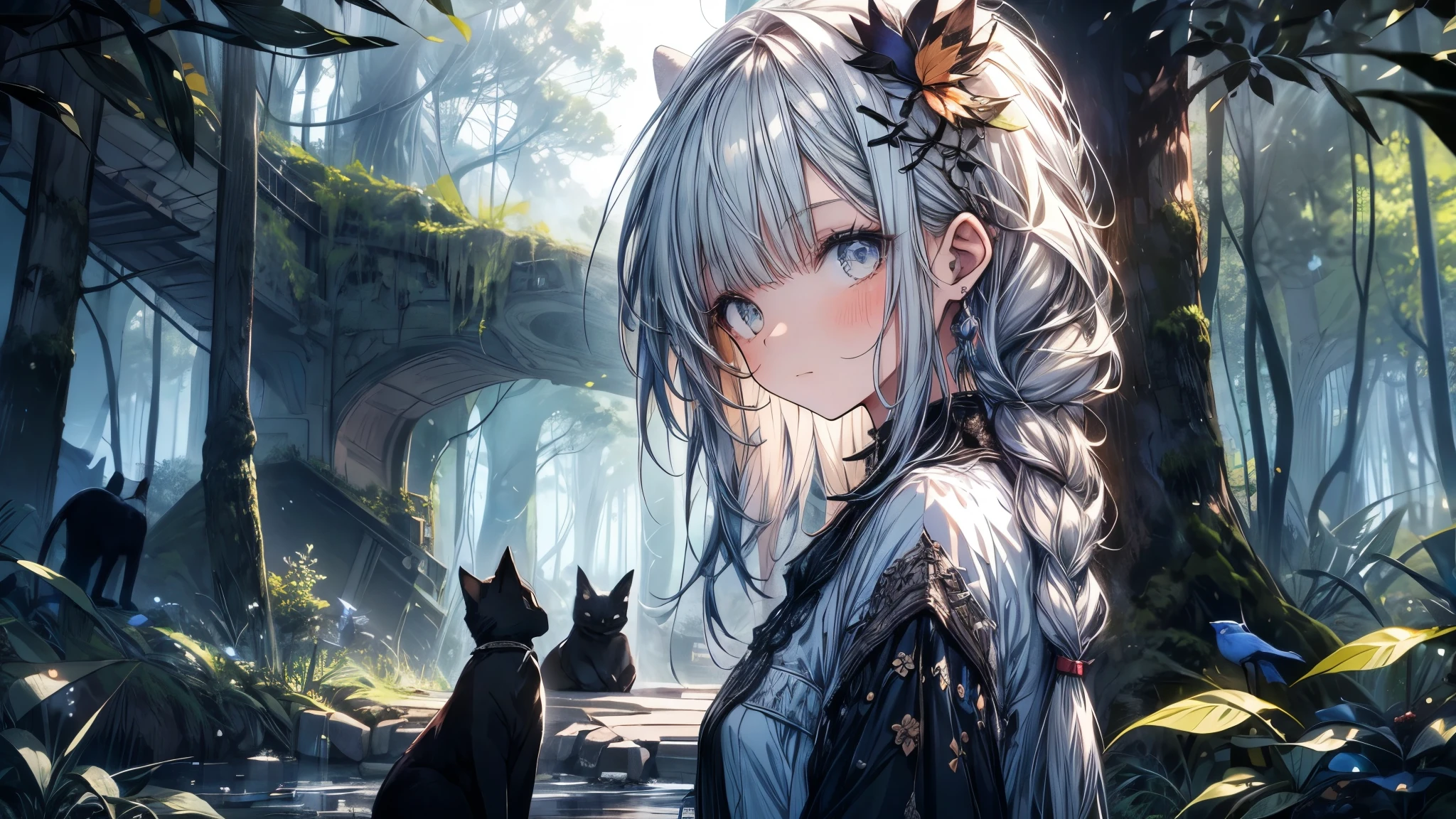A girl is sleeping in a forest, surrounded by various animals. The girl has short hemp-colored hair and a well-defined face. Among the animals is a black cat.
The animals include bears, rabbits, small birds, and various other species.