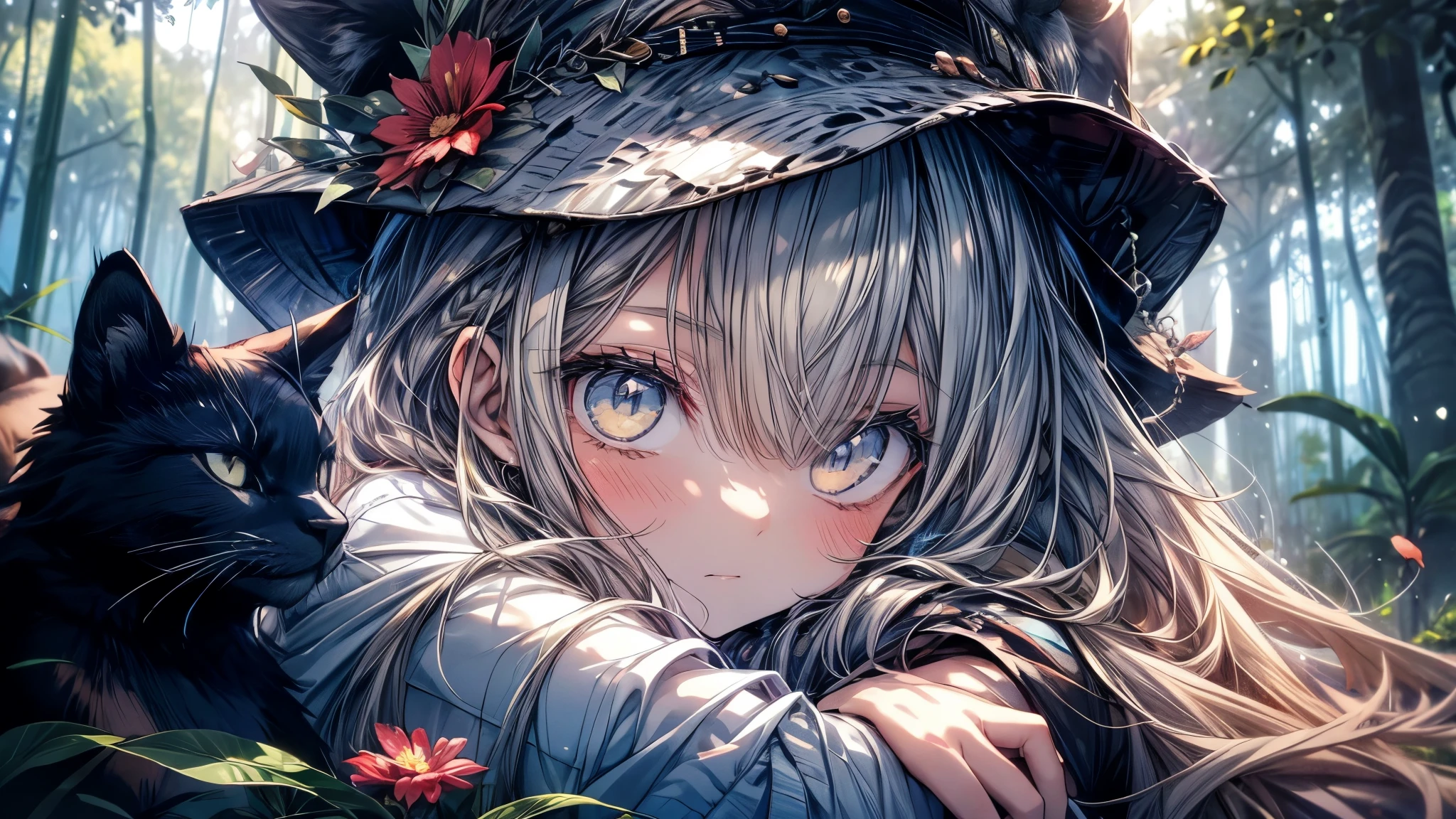 A girl is sleeping in a forest, surrounded by various animals. The girl has short hemp-colored hair and a well-defined face. Among the animals is a black cat.
The animals include bears, rabbits, small birds, and various other species.
