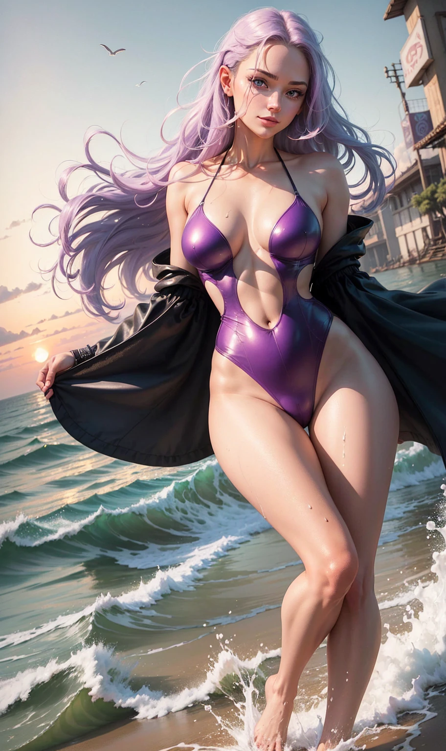 real-life, full length portrait of a young girl, 20 years old. perfectbody, realistic perfectbody composition, light purple hair swaying in the wind, body soaking wet, waterfall scene. Beautiful perfect realistic green eyes, charming smile, compose the most beautiful perfect face in the world overall, meticulously detailed hand-painted with the highest quality image. skin fair, good looking, tattoo art, 2cm liquid acrylic sexy sexy clothing, warm dreamy light, Volumetric Light, adventure style pulp, dynamic gradient, true color, Illustration Graphics, vector curves highly detailed, Simpler, Soft and clean, vectorial art, Soft, design of character, movie theater, Surrealism, cartazes, collection of masterpieces, sunset, wet pigment. high quality of image, meticulous detail, perfect realistic work real people. Beautiful perfectly realistic hands and fingers. Highest quality virtual images. SUITSWIM CAVADO, low-cut swimsuit, breasts big, BIG TITS, SEMINUA, quase nua, SUITSWIM DECOTATED