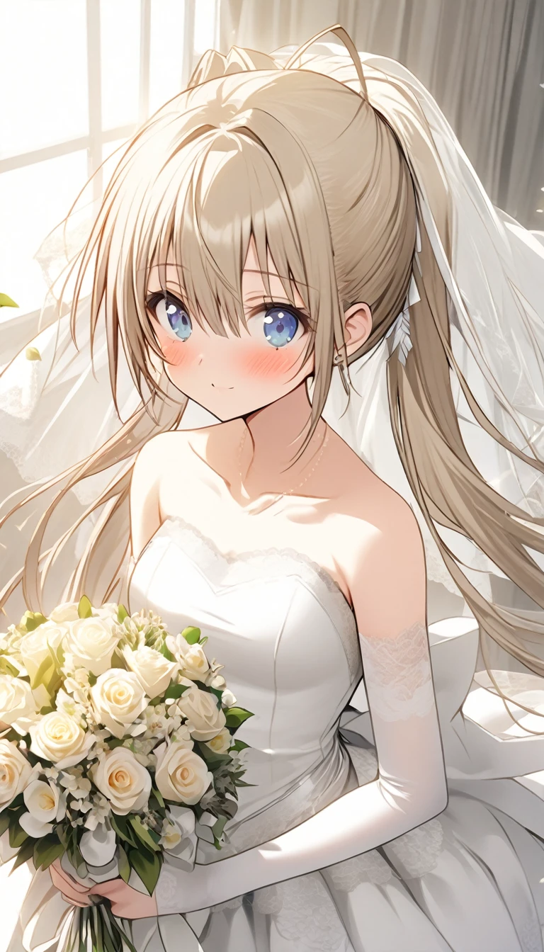 1 girl,Kasugano Sora, Sora,white pantyhose,wedding dress,white gray hair,long double ponytail,bridal bouquet,wedding veil