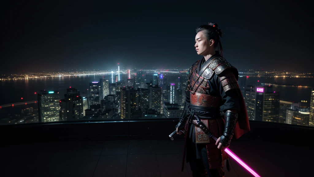 samurai warrior in a modern technological world, with neon lights and night atmosphere, big city with many buildings