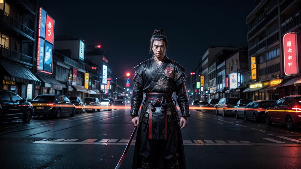 samurai warrior in a modern technological world, with neon lights and night atmosphere, big city with many buildings