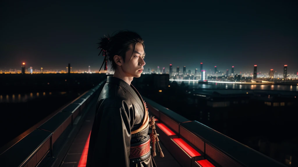 samurai warrior in a modern technological world, with neon lights and night atmosphere, big city with many buildings
