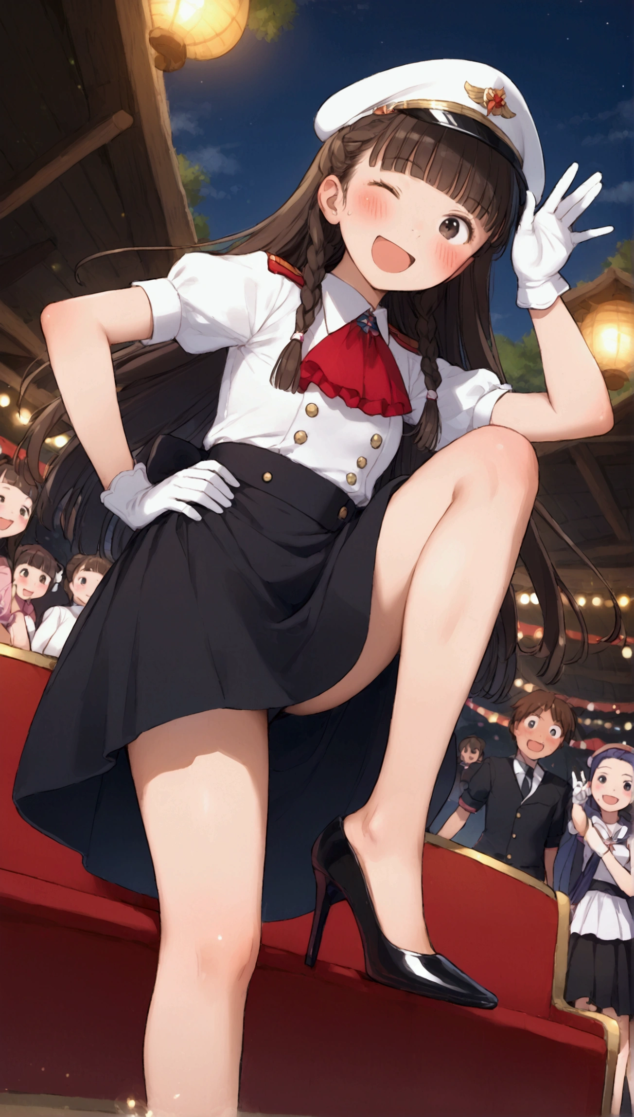 {Highest quality}, {Super beautiful},{Ultra fine},{Best illustration},Brown Hair,Hime cut,long hair,Braid,One woman,Sitting woman,Strike a pose,Adult women,smile,Excited face,Wink,Uniform cap,White Shirt,Short sleeve,long black skirt,White gloves,Night Festival,Blushing,Slender,Black stiletto heels,barefoot,From an angle,From below,Put one hand on your hip,Spread your legs,Spread one leg