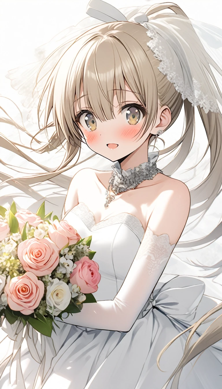 1 girl,Kasugano Sora, Sora,white pantyhose,wedding dress,white gray hair,long double ponytail,bridal bouquet,wedding veil