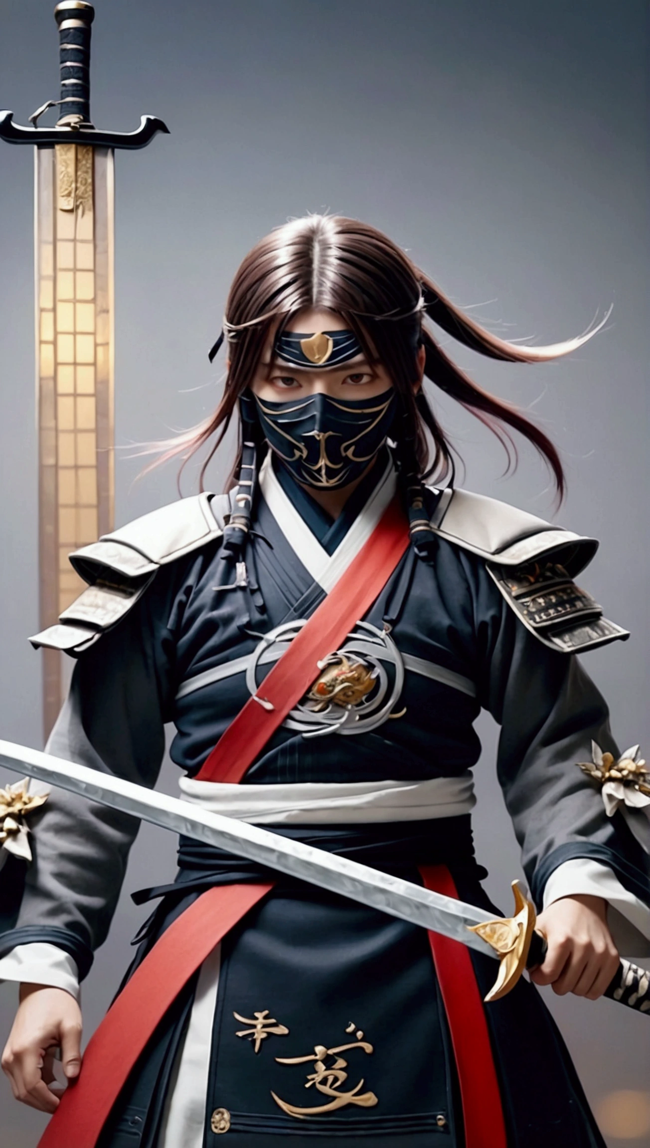 (Japanese sword &reference;Muramasa 2&reference;.2)Beautiful 27 year old woman、Japanese women、Tie your hair back、Hair ornament artist、Shinobi Costume、Warrior、Clear Eyes、{Arm tattoo(SakuraFubuki}&#39;Back Tattoo、Warrior、(Japanese swordを両手で構える、1.3)(Japanese sword1.2)Intermediate position、In front of the body、(Holding a sword horizontally 1.3)、whole body、Long Blade Sword、Realistic battle scenes、敵Warriorの返りBlood、Blood、High resolution、Highest quality、Very detailed、8k、background、The castle is burning、Sparks fly、