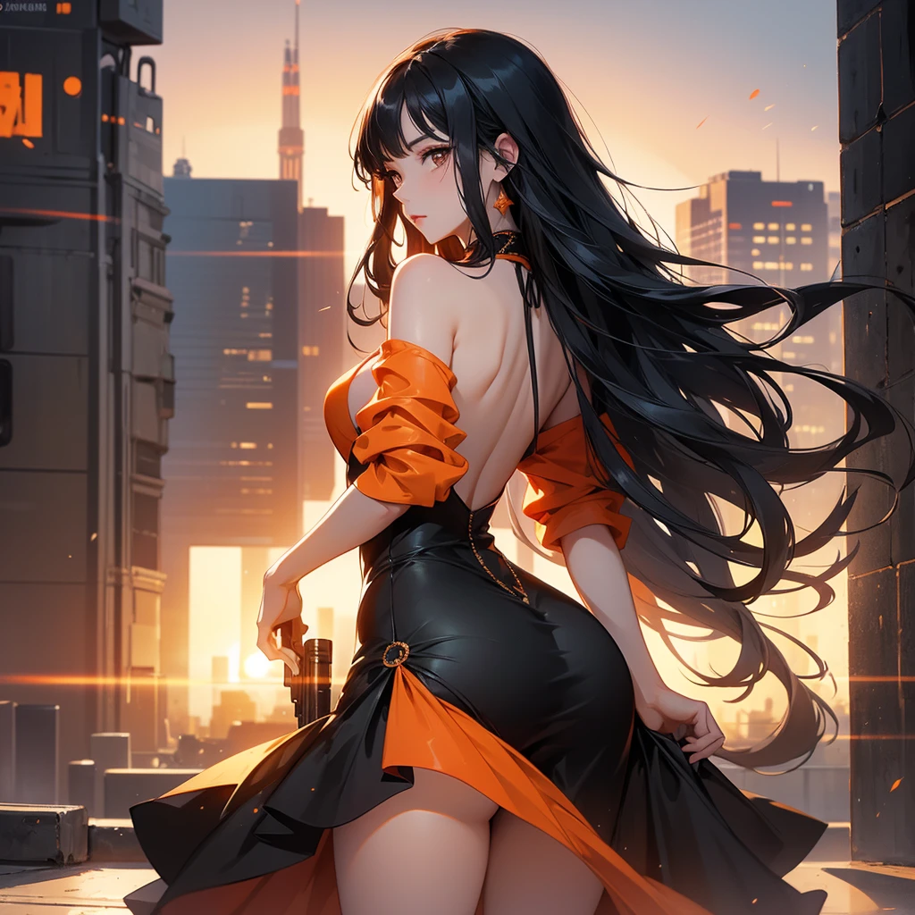 a beautiful woman with long black hair, wearing a tight orange dress, standing holding a pistol, aiming the barrel at the bad guys, on a tall building, the sun is setting, close up.