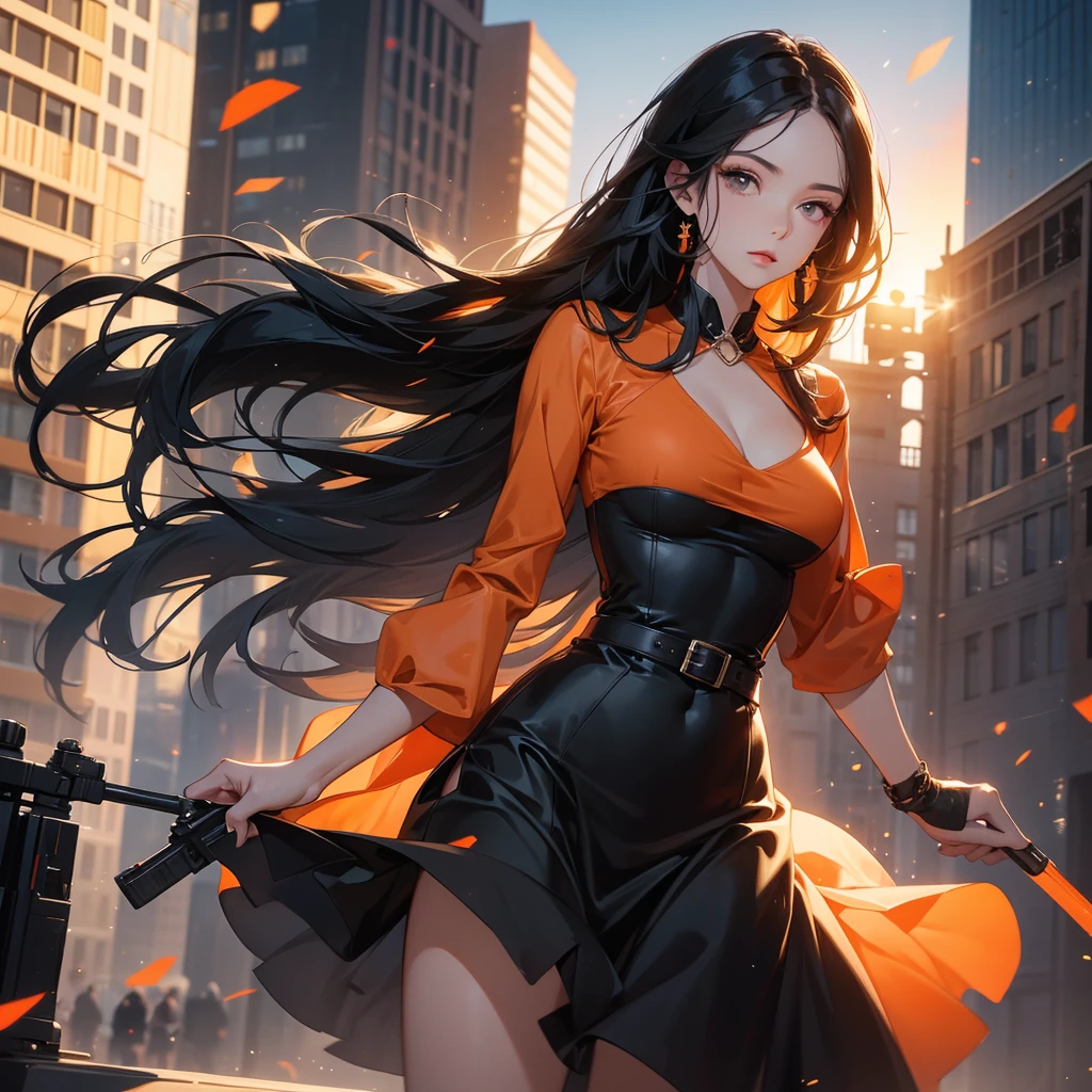 a beautiful woman with long black hair, wearing a tight orange dress, standing holding a pistol, aiming the barrel at the bad guys, on a tall building, the sun is setting, close up.
