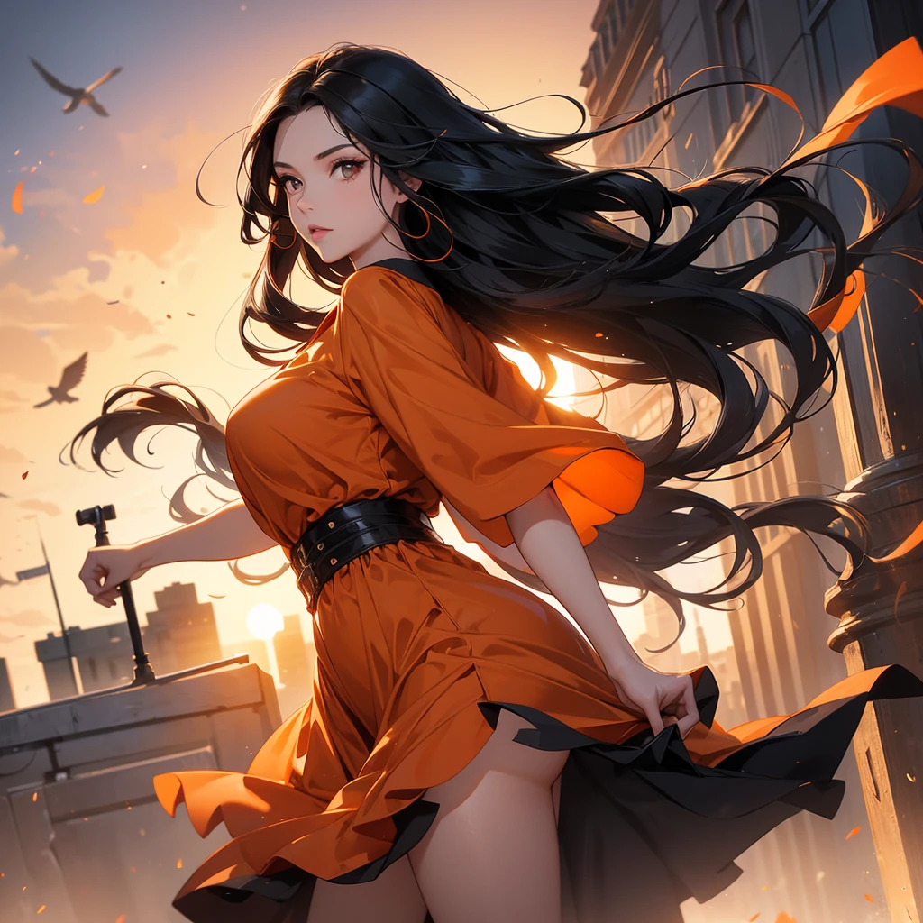 a beautiful woman with long black hair, wearing a tight orange dress, standing holding a pistol, aiming the barrel at the bad guys, on a tall building, the sun is setting, close up.