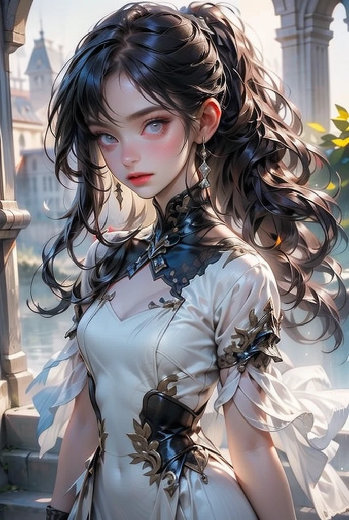 (((masterpiece, of the highest quality, super detailed))), (digital art), (a witch belonging to an occult order of knights), (a knight crossed with a witch), Victorian era inspired, ((minimal but intricate beautiful armour)), (Fluttering lace flared dress with frilly petticoats), ((Bloodbourne inspired)), ((nier automata inspired)), (big forhead:1.2), (((dark hair, long ponytail, thick ponytail, heavy ponytail))), (((Very sharp focused eyes))), ((small breasts)), very long eyelashes, occult aesthetic, (red and white clothing detailed and intricate steampunk and detailed gothic), (with a hood), complex lace boots,