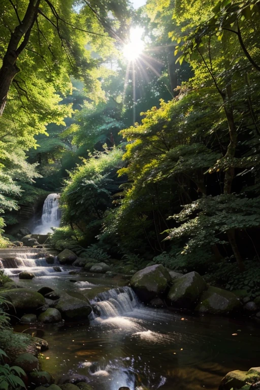 Viral anime nature wallpaper in 4K quality, in the style of digital illustration inspired by Hayao Miyazaki, featuring a serene forest with towering ancient trees, dappled sunlight filtering through the leaves, a gentle stream flowing through the scene, and mystical creatures peeking from behind the foliage; vibrant and warm color temperature, cosmos lighting with stars twinkling in the sky