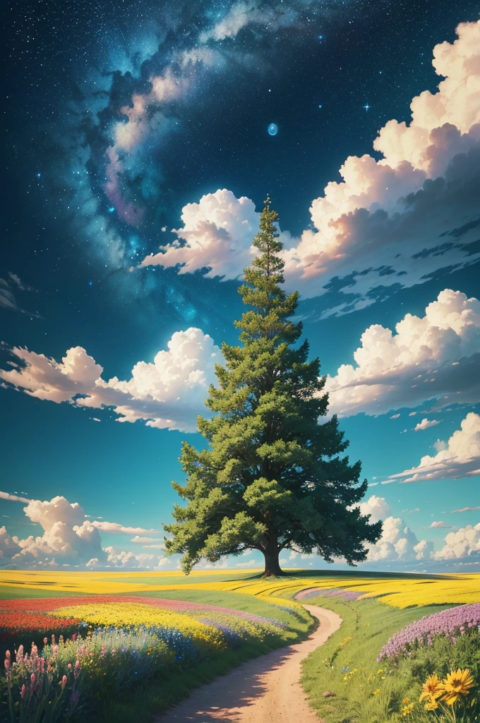 Viral anime nature wallpaper in 4K quality, in the style of Pixar 3D inspired by Toy Story, showcasing a lush meadow filled with colorful wildflowers, a clear blue sky with fluffy clouds, and a single majestic tree standing in the middle; bright and cheerful color temperature, cosmos lighting with stars twinkling in the sky, no human characters, the atmosphere is whimsical and joyful