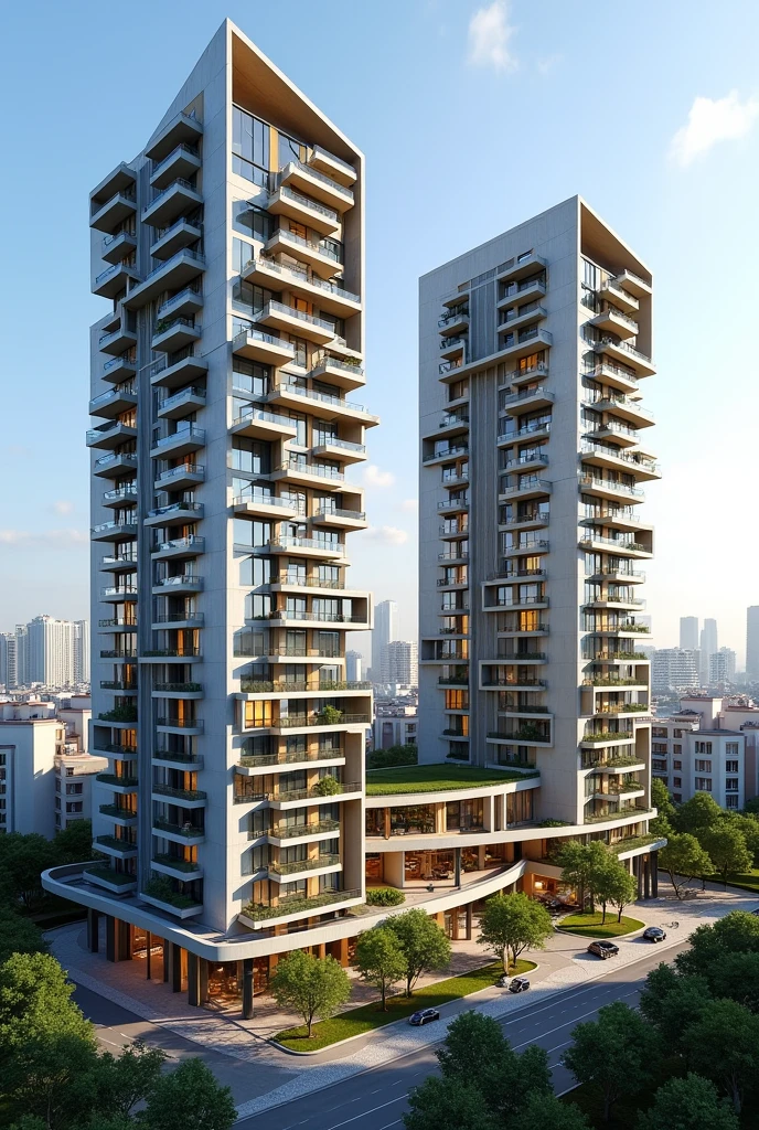 Two high-density residential buildings with common outdoor areas and balconies in an urban residential area with more floors, the building with the most striking shape