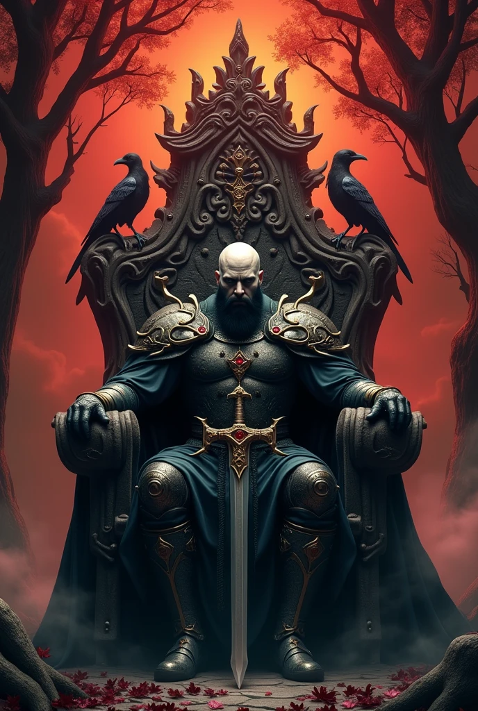 (Highest quality,4K,High resolution,masterpiece:1.2),Very detailed,Dark fantasy,Medieval,, One bald, white male bodybuilder with a black beard, And the Queen,Clad in dark armor shrouded in darkness,big,Single throne crafted from a giant mystical tree,Ominous atmosphere,Hall々And,Menacing aura,gilded accents,Ornate sculptures,Torch background,Shadows Possess,Strong gaze,A commanding presence,Fearsome warrior,sharp,Armor with sharp spikes,elaborate helmet,Shining Sword,Crown adorned with precious gems,Enchanted forest surrounding the throne,Mystical energy pulsating,Ominous Fog,Intimidating crows perched on branches,Thick tree roots intertwined,Red leaves falling in the background,Bright red sky,Cloaked in mystery and power.