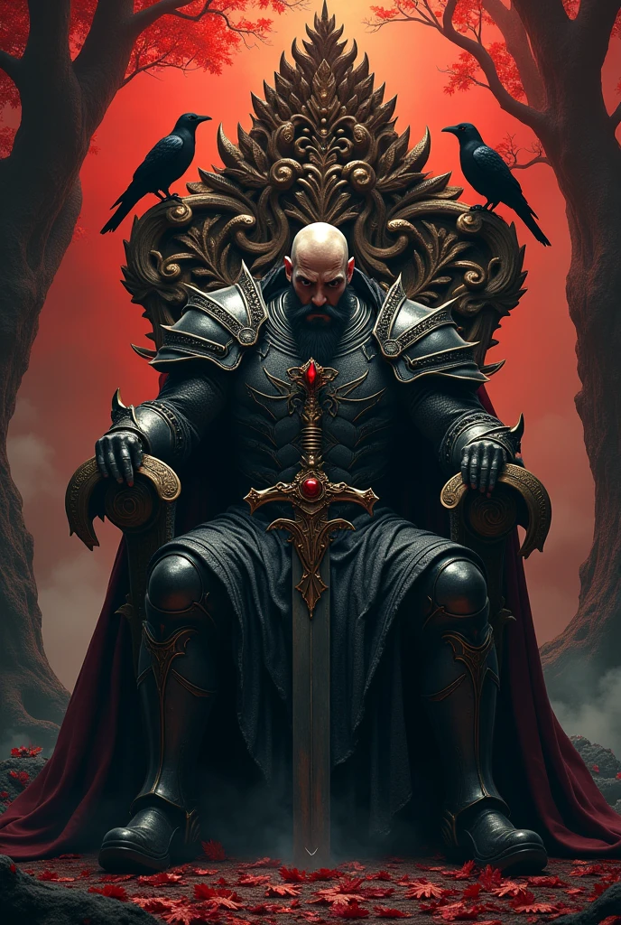 (Highest quality,4K,High resolution,masterpiece:1.2),Very detailed,Dark fantasy,Medieval,, One bald, white male bodybuilder with a black beard, And the Queen,Clad in dark armor shrouded in darkness,big,Single throne crafted from a giant mystical tree,Ominous atmosphere,Hall々And,Menacing aura,gilded accents,Ornate sculptures,Torch background,Shadows Possess,Strong gaze,A commanding presence,Fearsome warrior,sharp,Armor with sharp spikes,elaborate helmet,Shining Sword,Crown adorned with precious gems,Enchanted forest surrounding the throne,Mystical energy pulsating,Ominous Fog,Intimidating crows perched on branches,Thick tree roots intertwined,Red leaves falling in the background,Bright red sky,Cloaked in mystery and power.