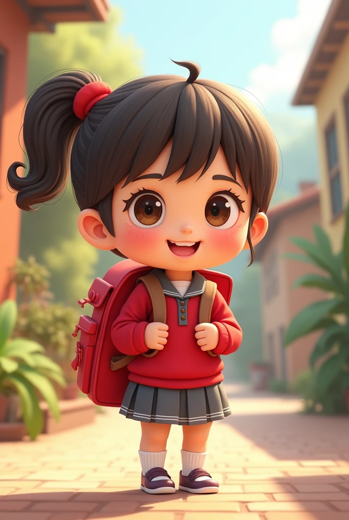 I am a primary school student
wearing a red uniform with a gray skirt and carrying a chibi-style bag