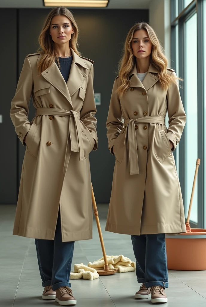Heidi Klum and her Old doughter in beige Trenchcoat work as cleaner