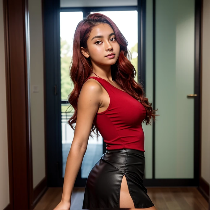 Fullbody, judith, , wavy in red hair, Very tanned, dark green eye, very large big bust, posing long from Side in the photo, short wearing sleeveless and very open dark red Top, short executive Tight skirt, high heels