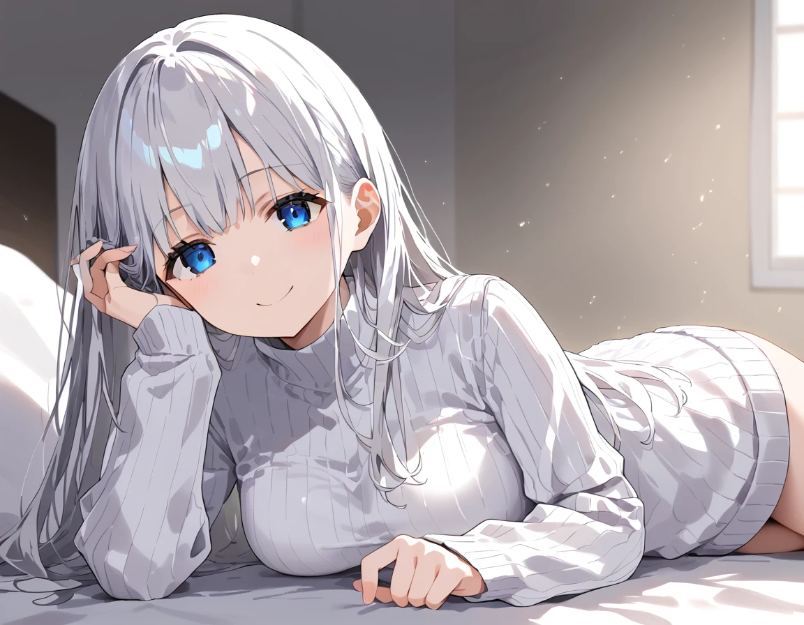 anime style, front view, oval face, Fair skin, Blue eyes blend black, adjusting hair, white hair, long hair, medium chest, white sweater, Slanted eyes, small smile, Lying, future bedroom, Volumetric light, Volumetric particles,