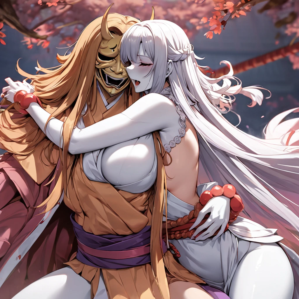 ((Highest quality)), ((masterpiece)), (detailed), （Perfect Face）、The woman in the Hannya costume is Yuuki Asuna, with light brown, semi-long hair and a Hannya mask covering her entire face, and her whole body is pure white skin.、The woman is in the state of Hannya in both body and mind, and her face is completely Hannya.、The woman is wearing a sexy, alluring, and provocative outfit, adorned with accessories.、The woman is embracing, kissing and having sex with the leader of the Prajna Party.、The woman became the wife of the leader of the Prajna Party and the couple became a loving couple.