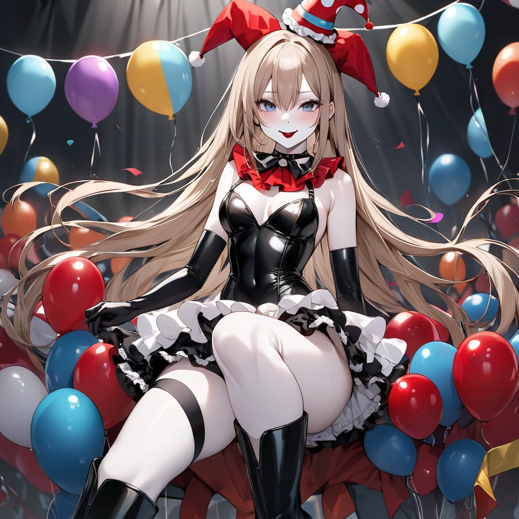 ((Highest quality)), ((masterpiece)), (detailed), (Perfect Face)、The woman is Yuuki Asuna, with light brown, semi-long hair and pure white skin.、The woman is an evil clown wearing a risque black rubber V-shaped leotard costume, long black rubber boots, long black rubber gloves, lots of frills and clown decorations, a clown collar, a clown jester hat, a swallowtail skirt, heavy makeup on the clown's face, and a red nose.、The woman is a wicked and clown, a minion of an evil organization.、The evil circus leader and the woman embrace, kiss and have sex、 woman is the captain's wife.