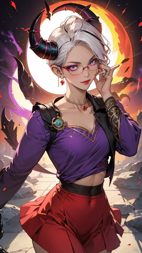 8k, masterpiece, best quality, highly detailed, 1 girl, tiefling, warlock, pixie cut, multicolored hair, very short straight hair red highlight hair on white hair, strippled hair, wearing glasses, round glasses, earrings, navel piercing, red eyeshadow, long eyelashes, blushed cheek, red lips, pearl necklace, rings, collarbone, mole on face, glamorous, teal and purple clothes, miniskirt, smirk, close up view, rings, looking at viewer, demon horns, solo, blood red moon, standing, royal dress, chains, firing fire blast