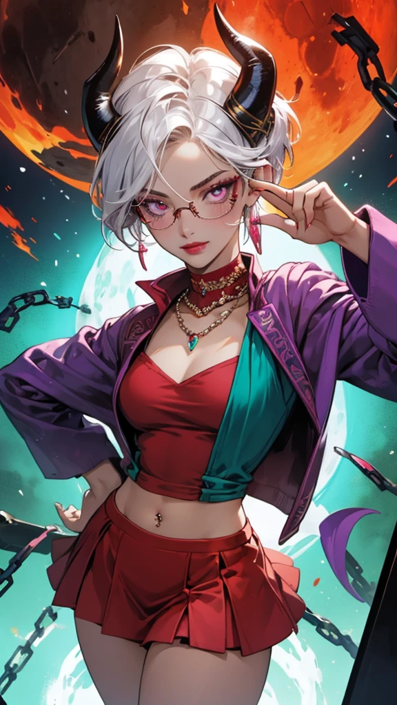8k, masterpiece, best quality, highly detailed, 1 girl, tiefling, warlock, pixie cut, multicolored hair, very short straight hair red highlight hair on white hair, strippled hair, wearing glasses, round glasses, earrings, navel piercing, red eyeshadow, long eyelashes, blushed cheek, red lips, pearl necklace, rings, collarbone, mole on face, glamorous, teal and purple clothes, miniskirt, smirk, close up view, rings, looking at viewer, demon horns, solo, blood red moon, standing, royal dress, chains, firing fire blast