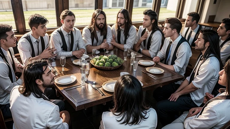 Jesus and his 12 male disciples sitting together, socializing