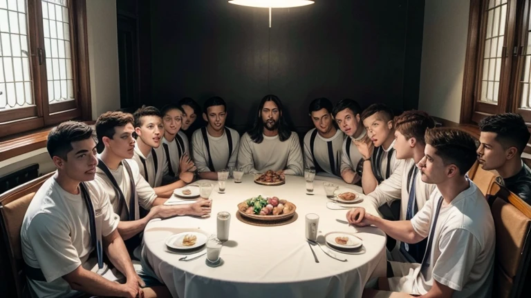 Jesus and his 12 male disciples sitting together, socializing