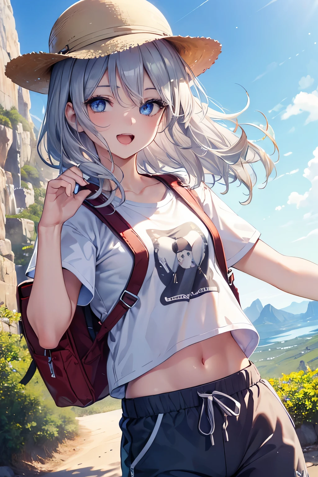 (Best quality,4K,8K,High resolution,Masterpiece:1.2),Super detailed,(Actual, Realistic),highly detailed, top quality, soft skin,Portrait,
break,
((Beautiful clear blue eyes:1.2)),very kind eyes,eyes wide open,beautiful eyelashes,beautiful lower eyelashes,slender body,
break,
((Beautiful and shiny silver hair:1.3)),A dazzling smile, a bursting smile, an open mouth laugh,
break,
very happily,Backpack,T-shirt,jogger pants,safari hat,hiking,zoom in