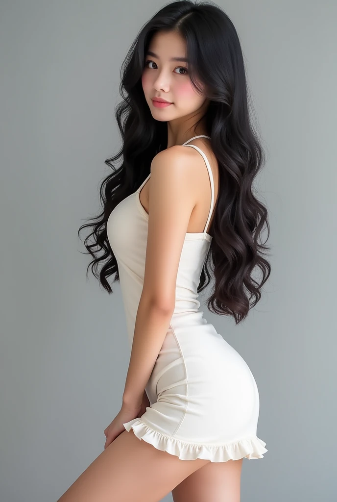 Real Korean girl wearing a short dress and her hair is black and long