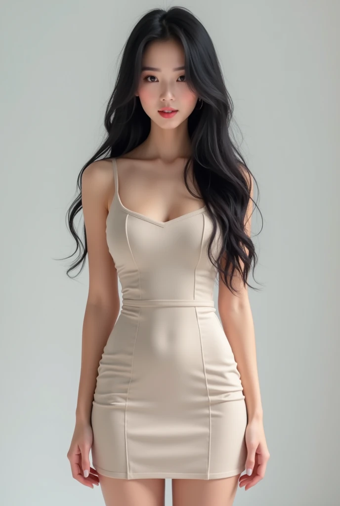 Real Korean girl wearing a short dress and her hair is black and long