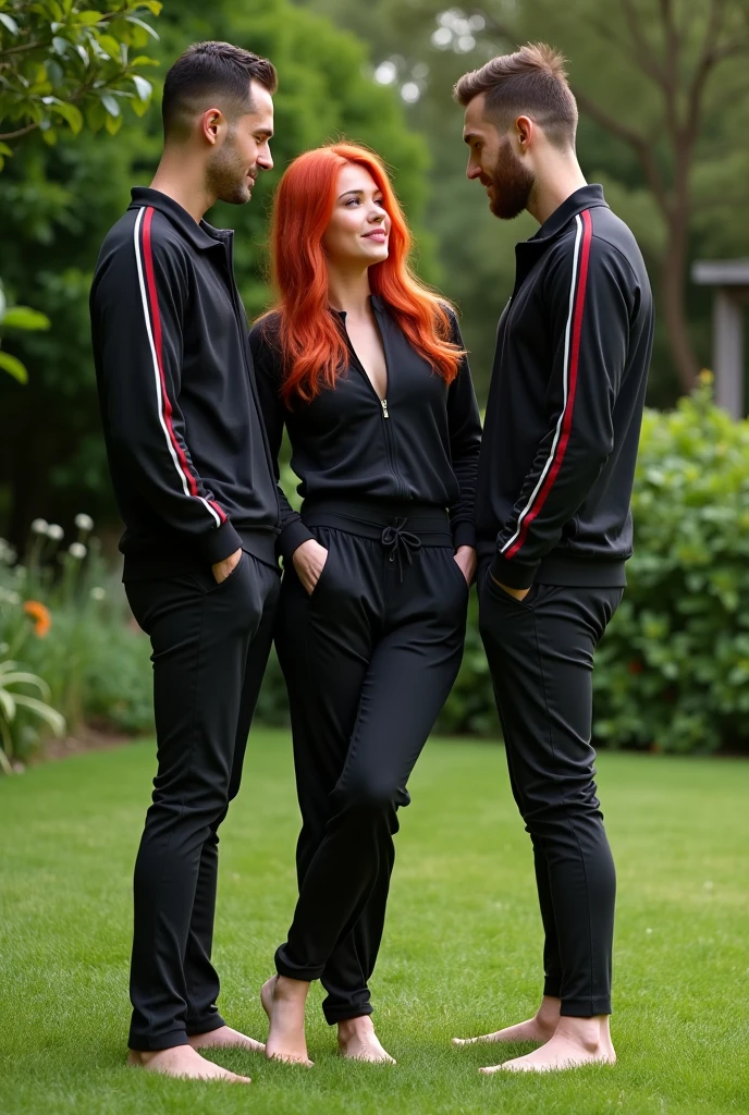 In the garden, Red-headed, barefoot, woman in black tracksuit. 2 men touching a woman