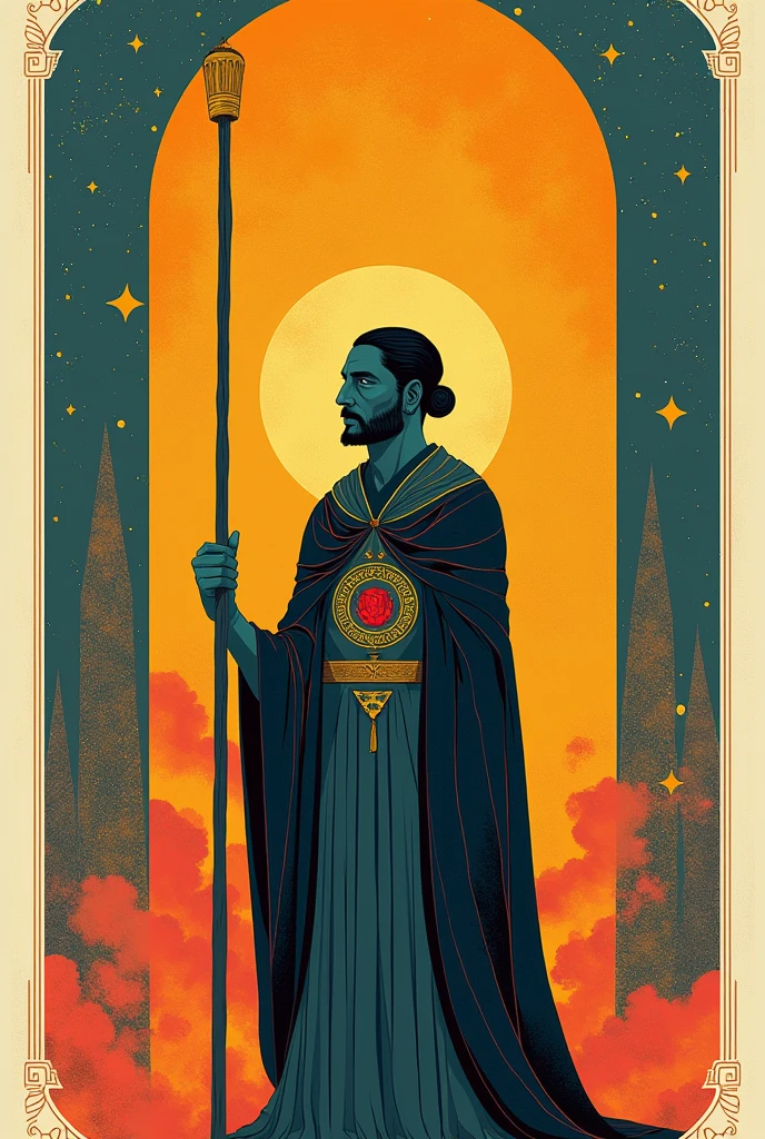 Create a unique tarot deck that blends traditional symbolism with a contemporary theme. Each card should feature vivid imagery that represents its traditional meaning while incorporating modern elements. The art style should be Bauhaus inspired, and the overall color palette should evoke a serene mood