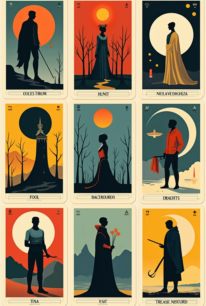 Create a unique tarot deck that blends traditional symbolism with a contemporary theme. Each card should feature vivid imagery that represents its traditional meaning while incorporating modern elements. The art style should be Bauhaus inspired, and the overall color palette should evoke a serene mood