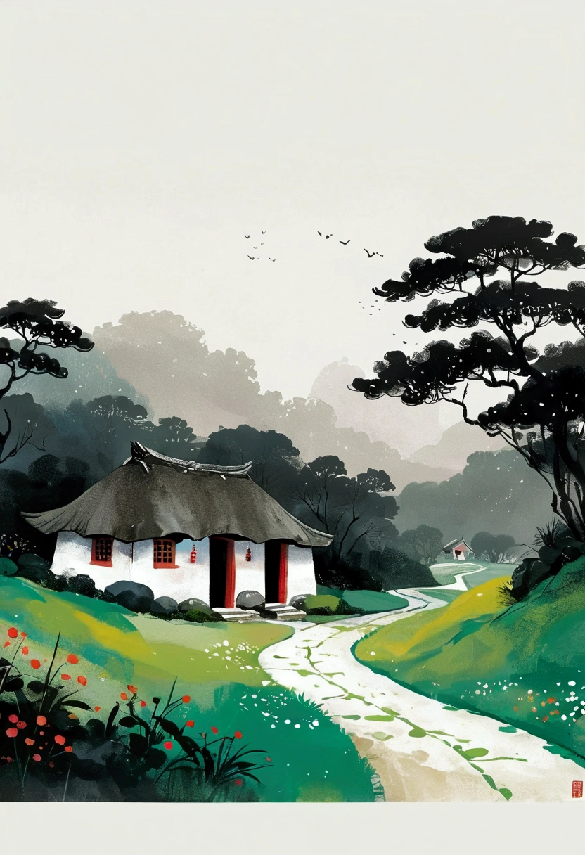 Sky occupies 3%/4,75%blank.Chinese Ink Painting Sketch:Peaceful and Freehand,Sketching,artistic conception:2.Dot,A small thatched hut on a winding path - chimney,Minimalism,White background。(((Negative Space:2,大面积blank:2, Bottom left corner composition)))