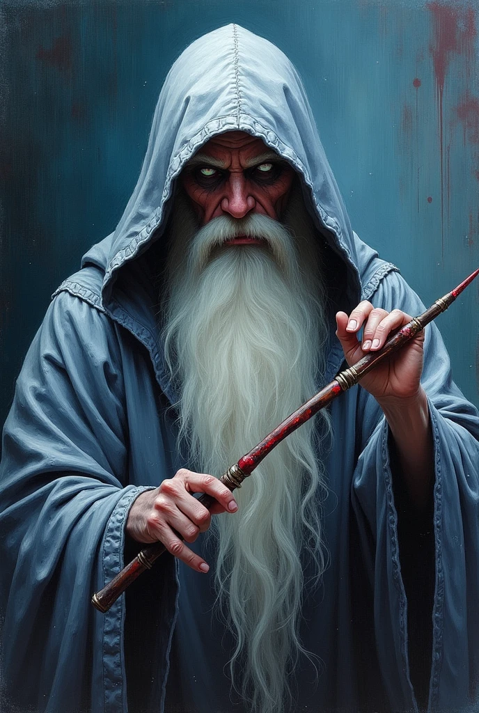 Create an impressionist painting of a scary white-skinned hooded wizard, A ruby wand with a small wing on the end,name, Space Ash, artistic, Complex